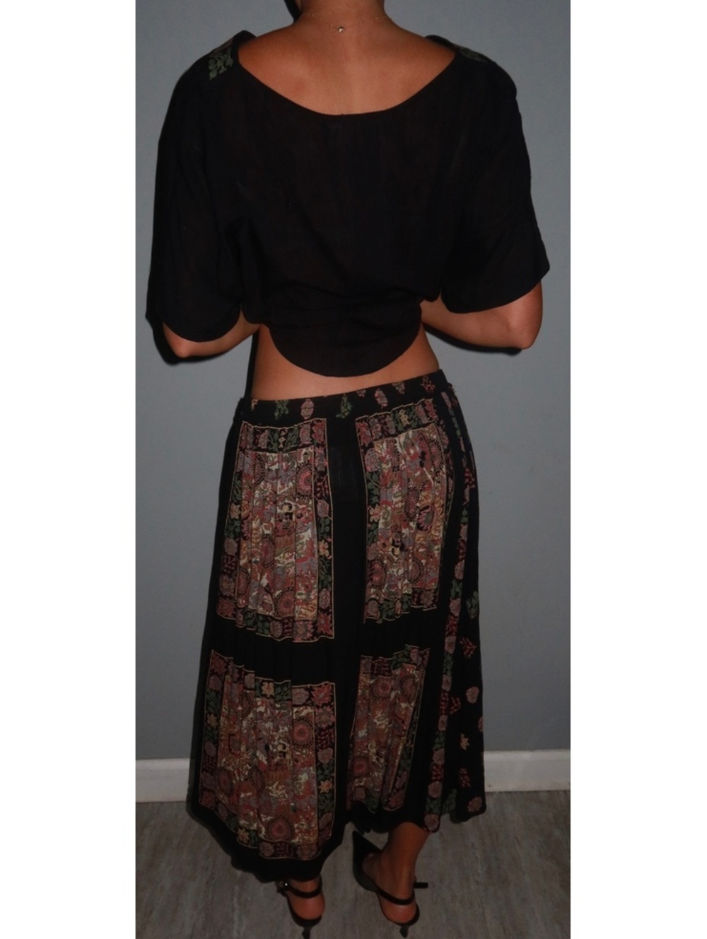 Vintage 80s Boho Black Floral 100% Rayon Two Piece Skirt Set